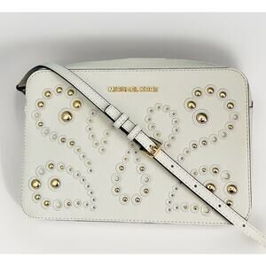 Michael Kors Ginny Leather Crossbody White Embellished Gold Studded Bag New
